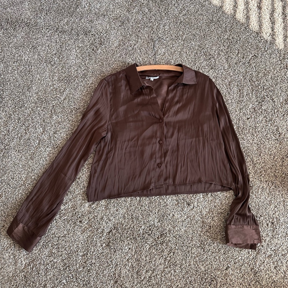 Z Supply Brown Satin Button-Down Cropped Shirt